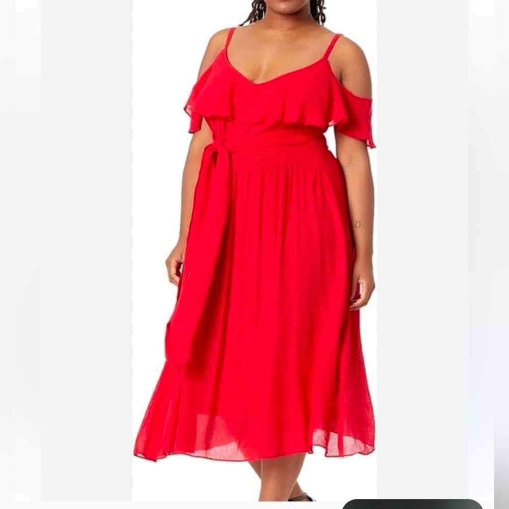 City Chic New Romantic Tie-Belt Cold-Shoulder Dress Size 22
